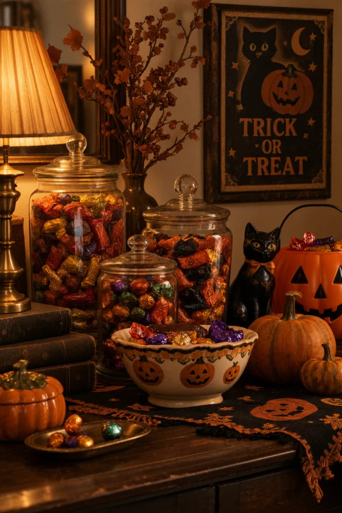 Alt text:
Retro Halloween candy station with pumpkin bucket and glass candy jars