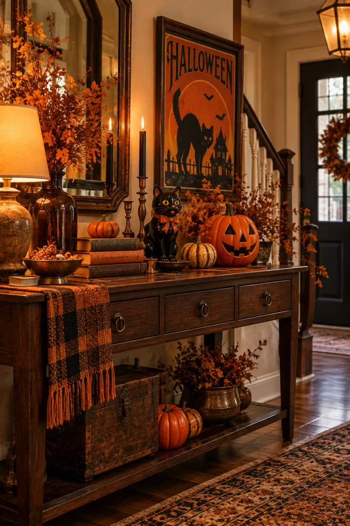Retro Halloween entryway with pumpkins, black cat, books, and warm lighting