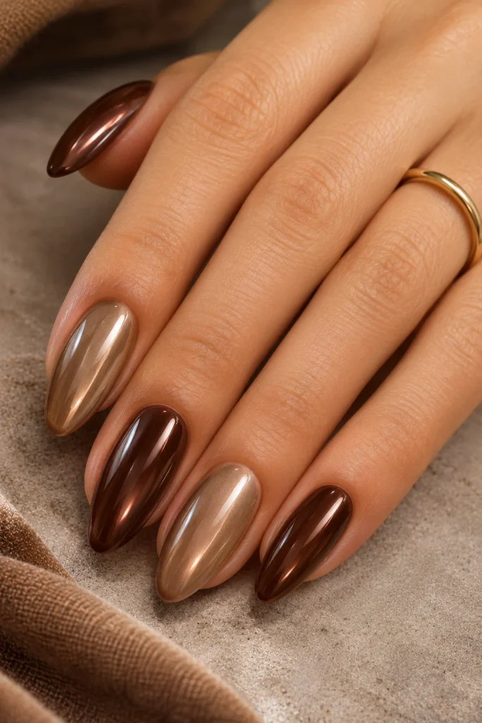 Two-tone coffee chrome manicure alternating creamy latte brown and deep espresso nails.
