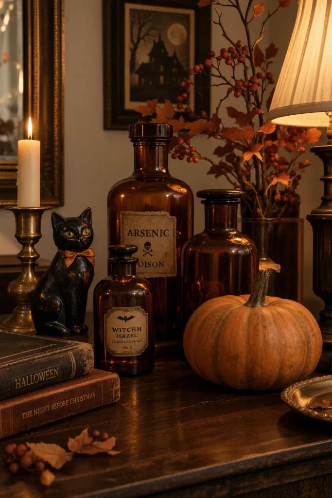 Amber glass and warm lighting used in vintage Halloween decor