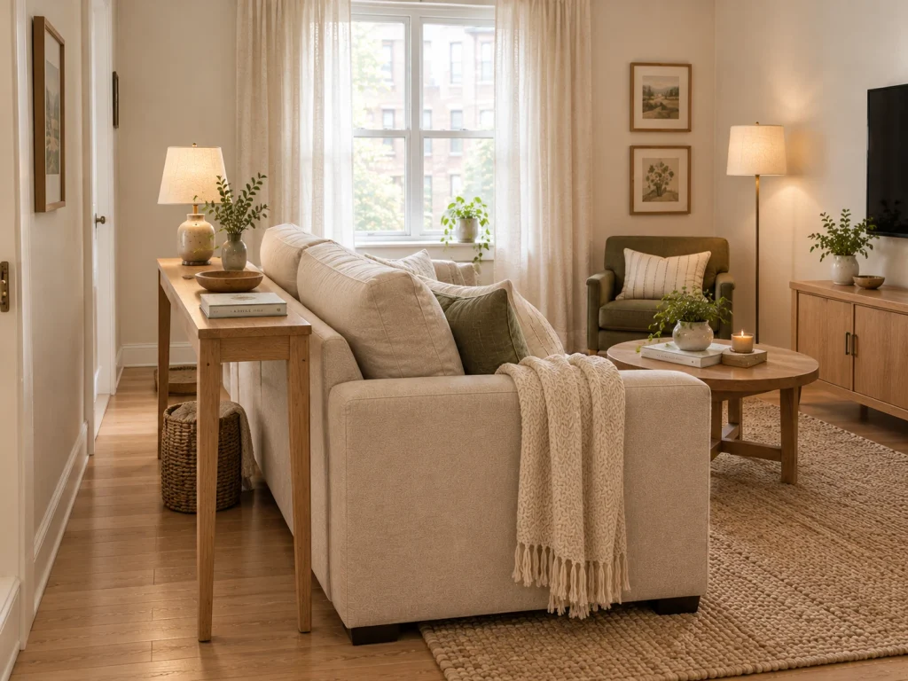Use a Narrow Console Table Behind the Sofa