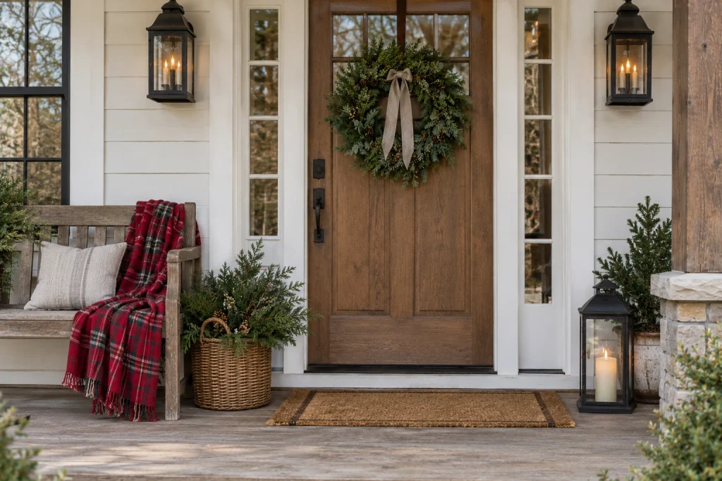 Use a Red Plaid Blanket to Style a Farmhouse Bench