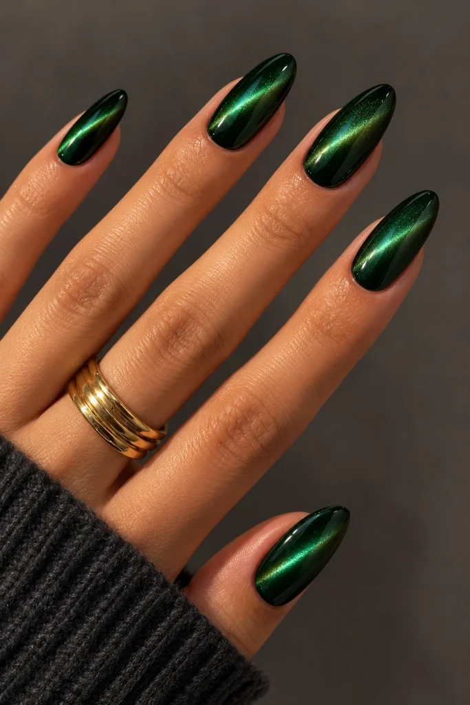 Almond-shaped forest green cat eye nails with a soft velvet emerald shimmer for fall.