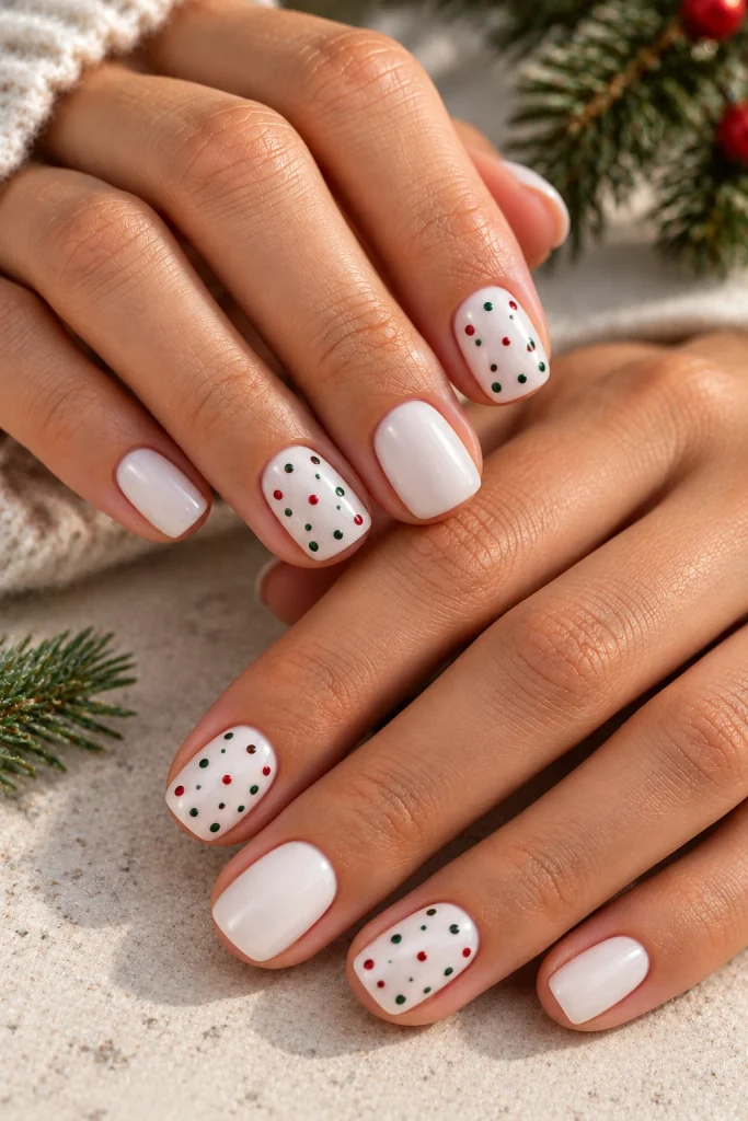 White Nails With Tiny Red and Green Dots