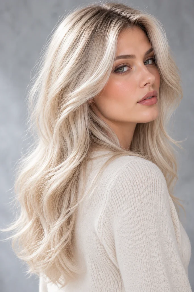 Winter white blonde hair with a pale pearl finish and softly flowing layers.