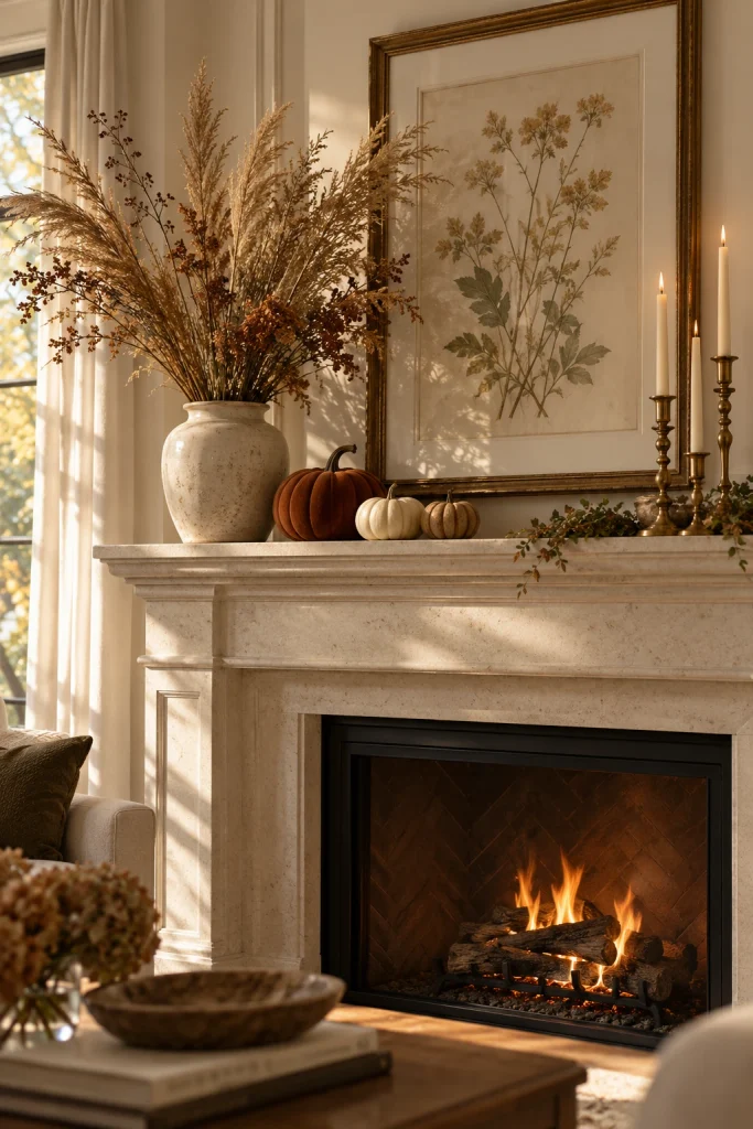 Thanksgiving decor ideas on a mantel with dried grasses and pumpkins