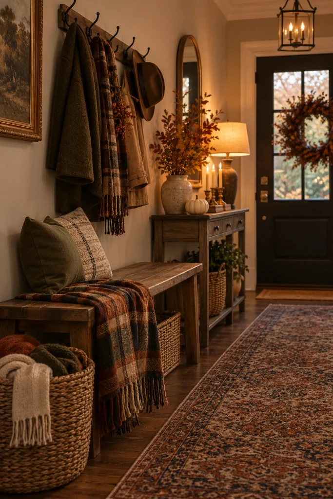 Thanksgiving entryway decor with a bench and plaid throw