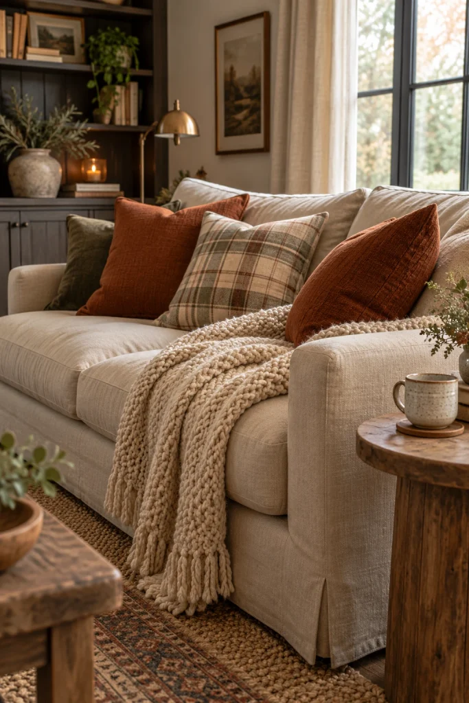 Layered pillows and throws for Thanksgiving living room decor
