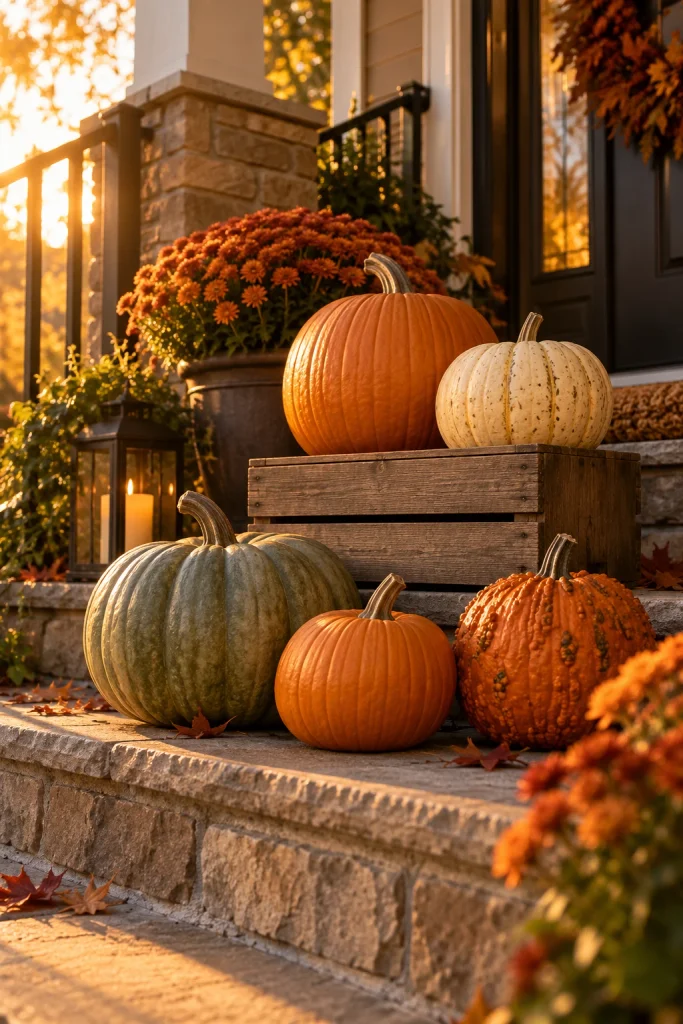 Porch Thanksgiving decor with grouped pumpkins at different heights