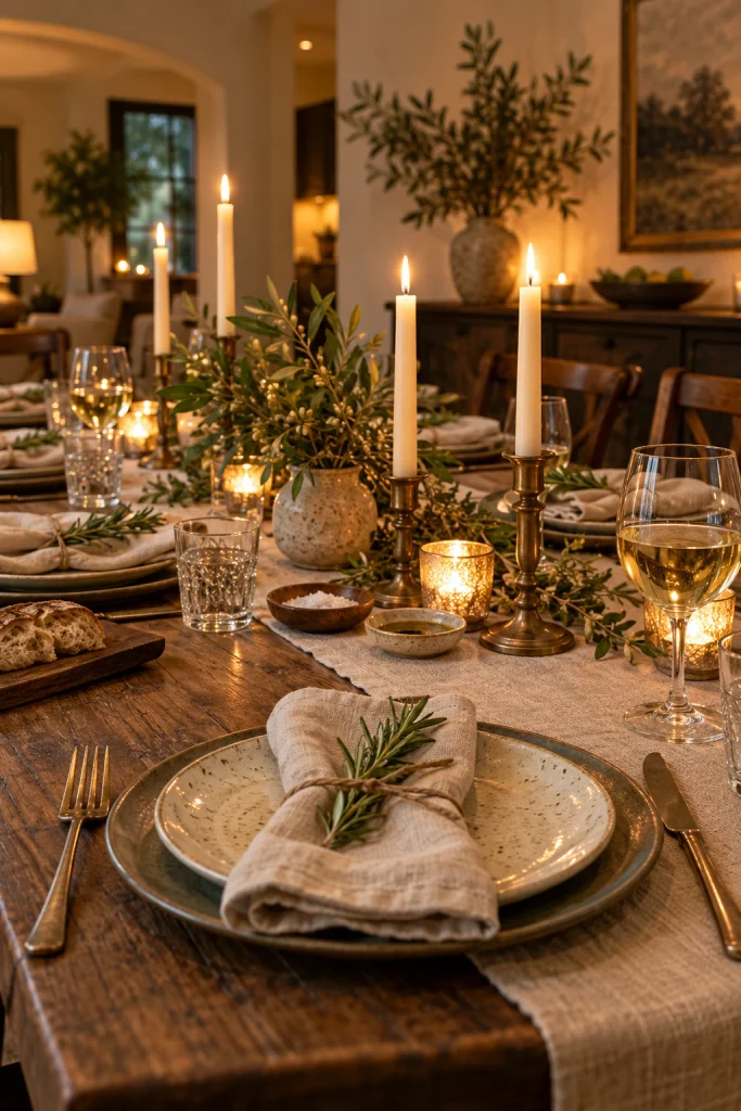 Neutral Thanksgiving table setting with linen napkins and candles