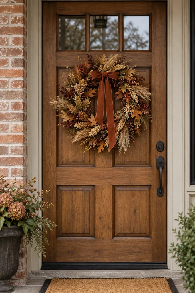 Thanksgiving wreath with wheat and berries on a front door